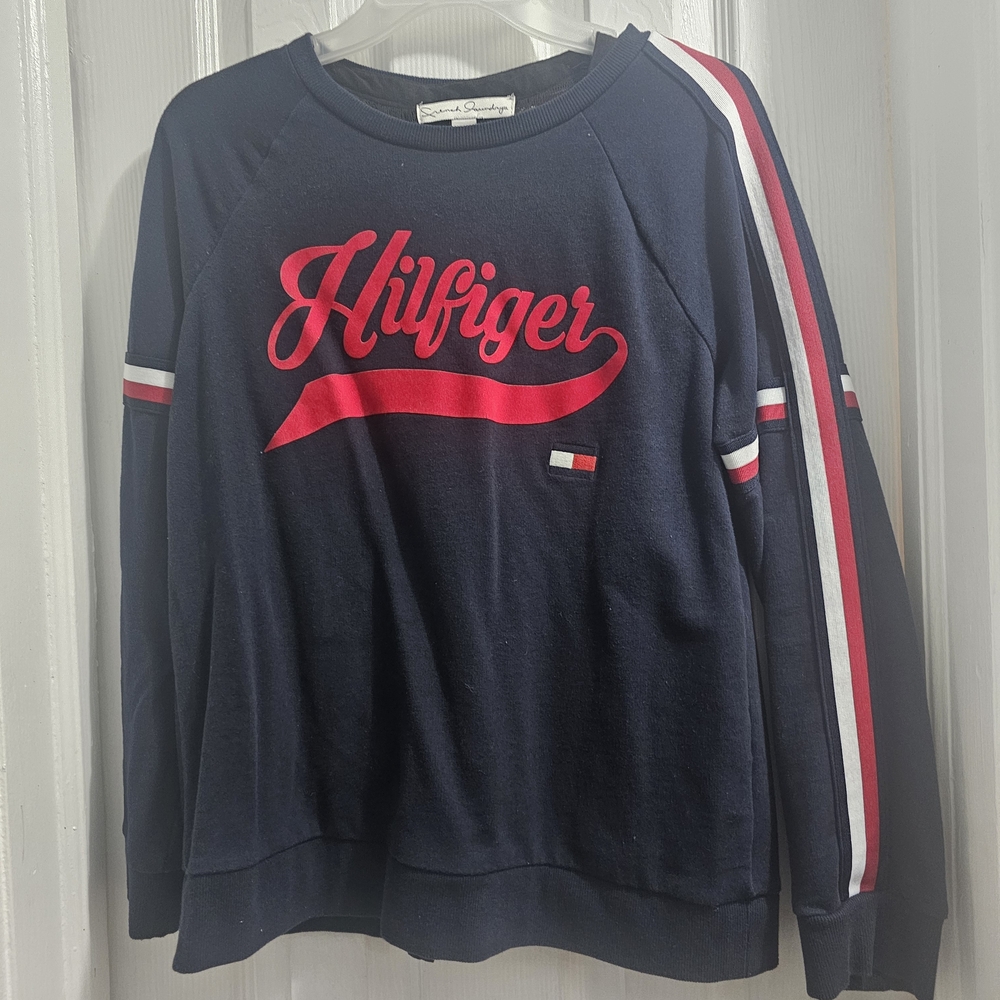 Tommy Hilfiger Women's Blue Sweater with Red and White Stripes